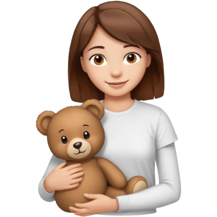 A Girl with Brown hair and Brown eyes with a t-shirt White. The t-shirt have dels a Teddy bearthe Gor have White skins and she is smiling emoji