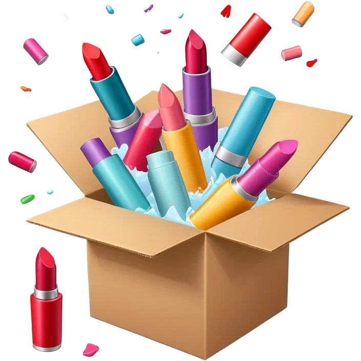 cardboard box bursting open with lipsticks, shampoo, and nail polish flying out emoji