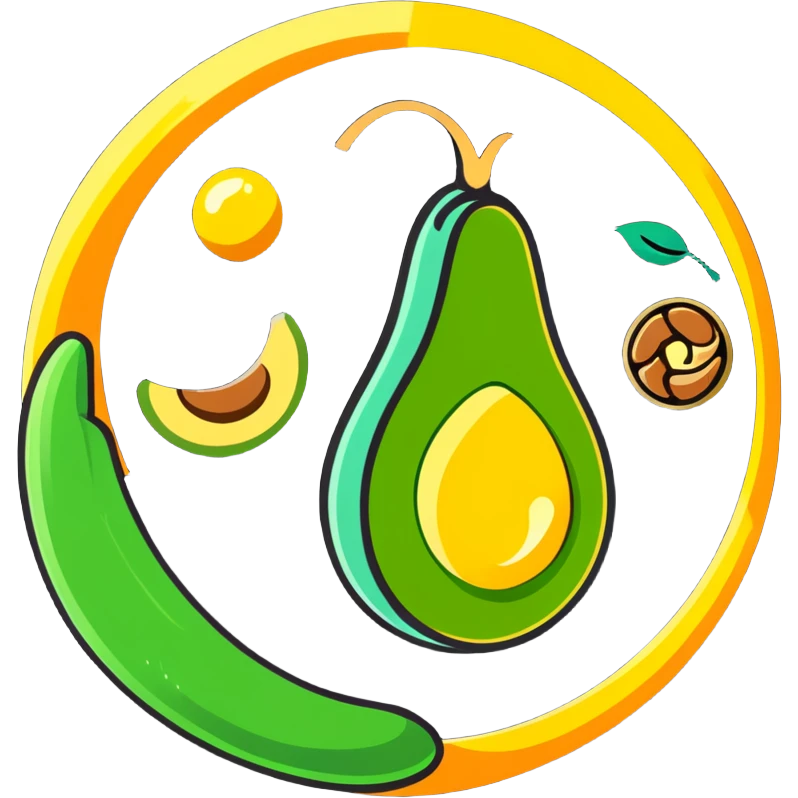 Floating aura in the shape of a golden and jade green drop, with bright icons of avocado, nuts, olive oil and ethereal fish spinning in a circle, surrounding a warm heart and illuminated brain, wrapped in a soft glow of protection and stable energy emoji
