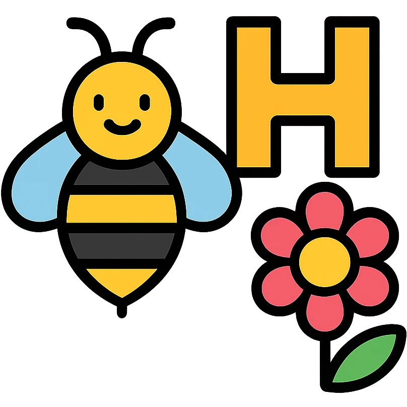 cartoonish bumblebee with the letter H and a colorful flower emoji