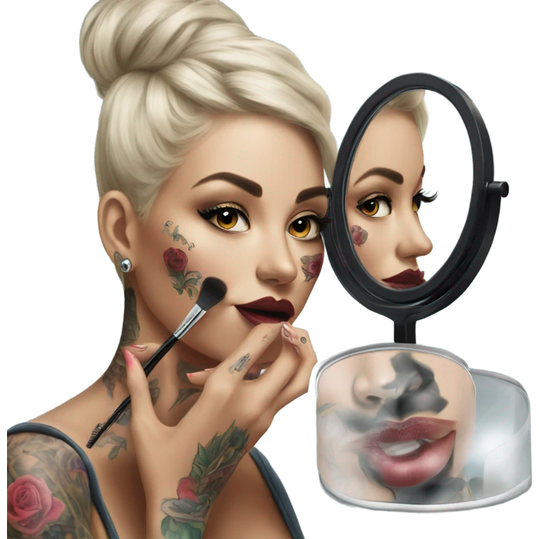 Hyper Realistic Beautiful tattooed woman applying her makeup in a mirror  emoji