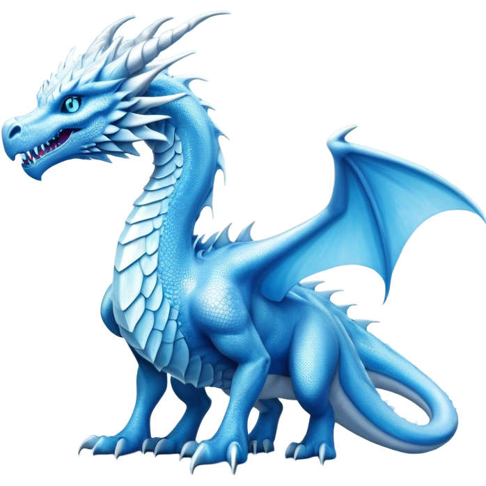 Cinematic Noble very elegant Ice Dragon full body  Emoji, Poised and imposing, distinct long elegant snout, with a slender, scaled body shimmering in glacial hues of icy blue, frostbitten silver, and crystalline white, breathing out frost, with piercing, glowing ice blue white eyes that radiate the chilling depths of an arctic storm; rendered in detail. excuding wisdom emoji
