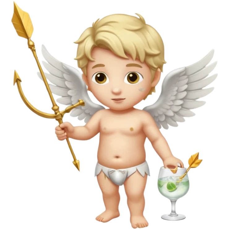Cupid (with wings) with his arrow in his right hand, mixing a glass of Gin Tonic in his left hand, flyig emoji