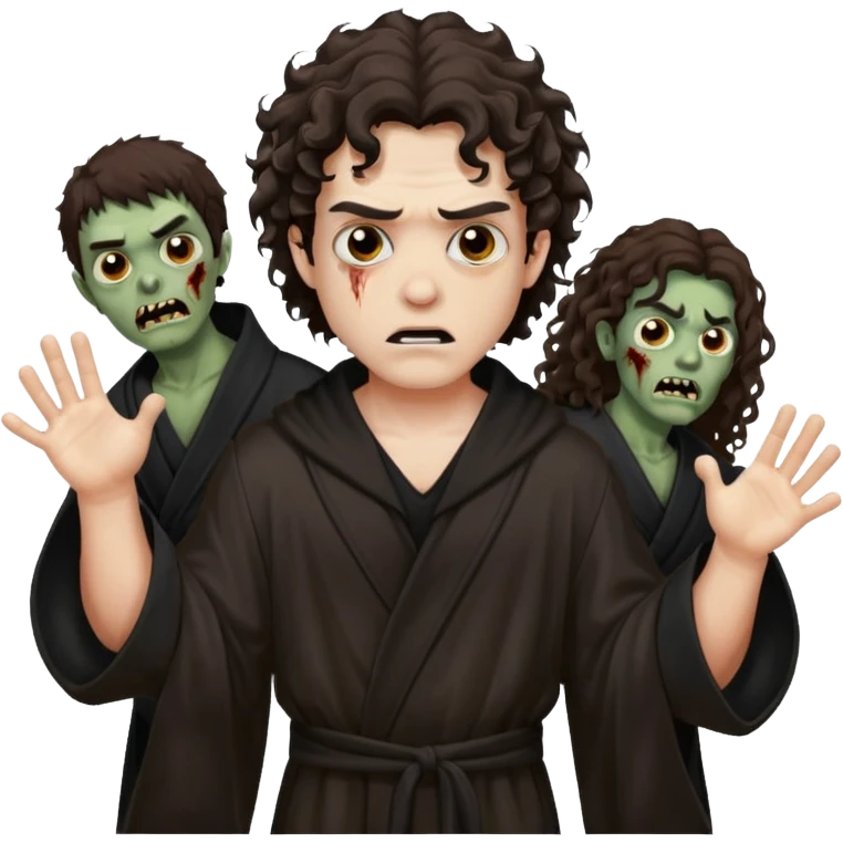 это должен быть юноша, одет в черную мантию, глаза цвета хамелион, но более коричневые, выглядит как зомби и еще длинные волнистые кудрявые волосы темно коричневого цвета, также добавь немного гангстерства уличного на задней фон emoji