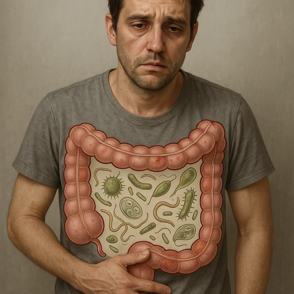Realistic style with medical elements of a 35-year-old man, tired and tense face, hand on abdomen, sunken eyes, dull skin. Transparent illustrations on the abdomen of parasites and bacteria in imbalance, schematic intestine as in a medical study. emoji