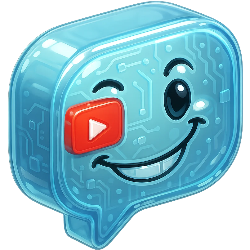 speech bubble with a playful sarcastic grin, red YouTube play button, glossy circuit style emoji