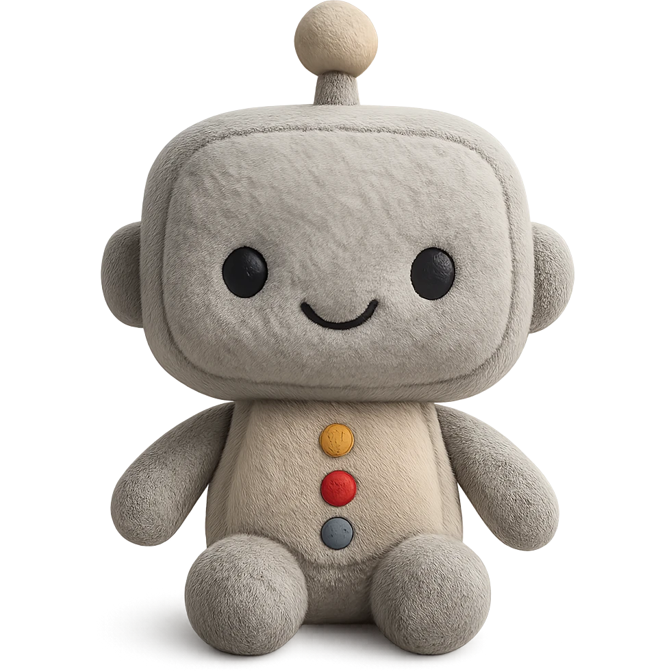 A friendly robot plush toy with embroidered buttons, soft fabric limbs, and cute stitched smile, with subtle fabric texture visible emoji