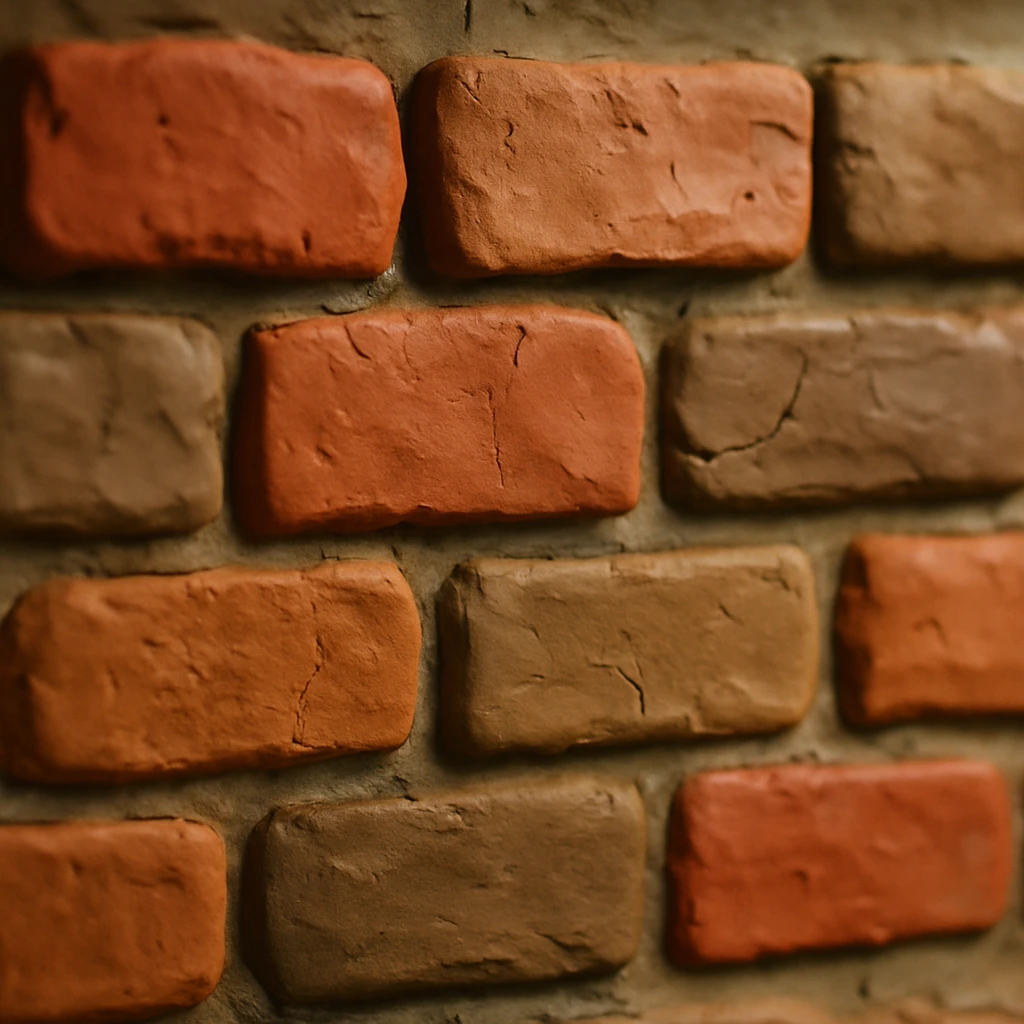 close-up of a brick wall with red and brown bricks, visible mortar, rough texture, natural lighting, slight weathering, cracks, shallow depth of field in claymation style emoji