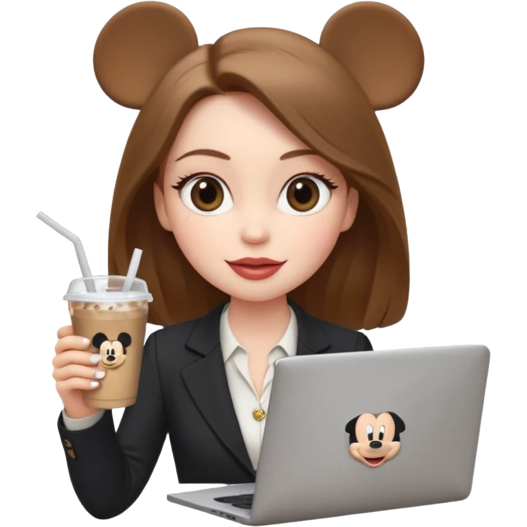 Women in front of laptop that has a Mickey sticker on it, with a happy face, face a little fuller, lips plump, full eyebrows, long light brown hair, light brown big eyes, light pale skin with a iced coffee on the side, business attire emoji
