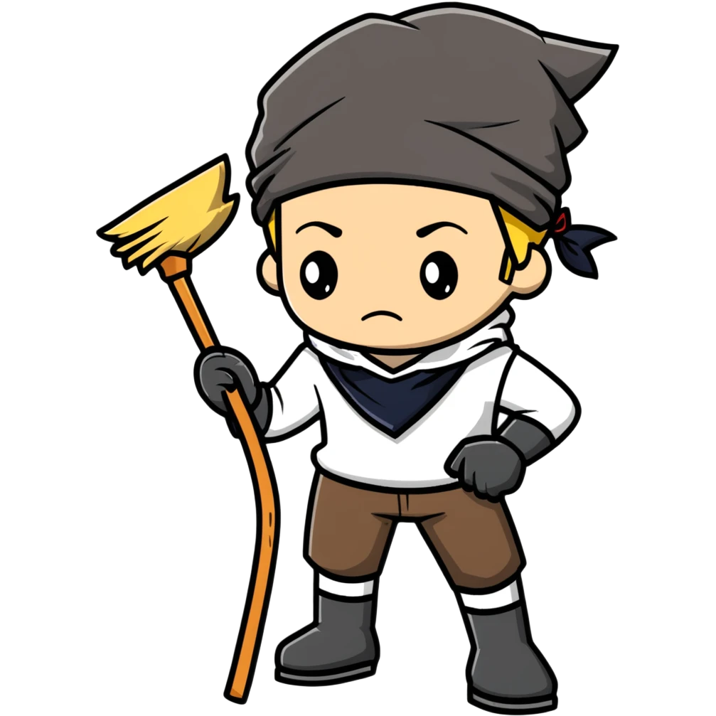 Levi Ackerman cleaning with bandana over hair, gloves, holding broom, annoyed expression emoji