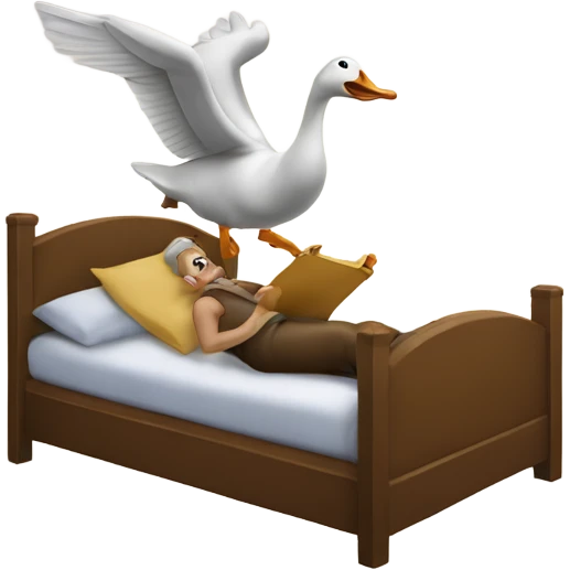 A goose blowing a horn to wake a man in bed up emoji