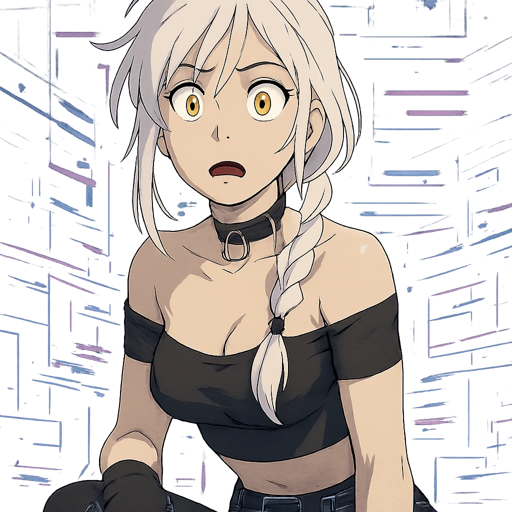 a shocked facial expression, a closeup portrait of young woman with gold yellow eyes, white hair, long braid, black off-shoulder top d-cup, punk gothic style, futuristic cyberwave cyberpunk, sitting position emoji