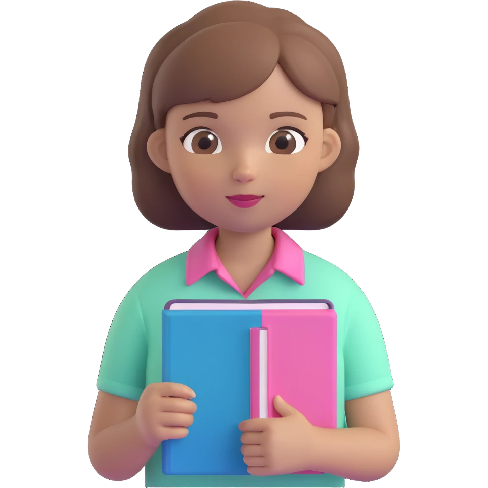 A girl with short light brown hair holding a pink book, wearing a mint shirt emoji