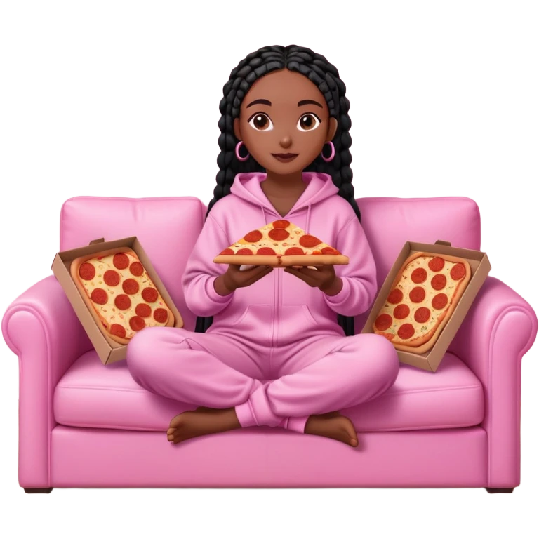 A dark-brown-skinned Black woman with black box braids, sitting on a pink couch, holding an open pizza box.She’s wearing comfy loungewear, looking relaxed and enjoying her food. emoji