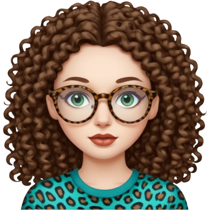 a blue green eyed woman with very long brunette curly hair, full lips,and pale skin. She is wearing a leopard printed thin round-ish glasses . She is wearing a brown top. emoji