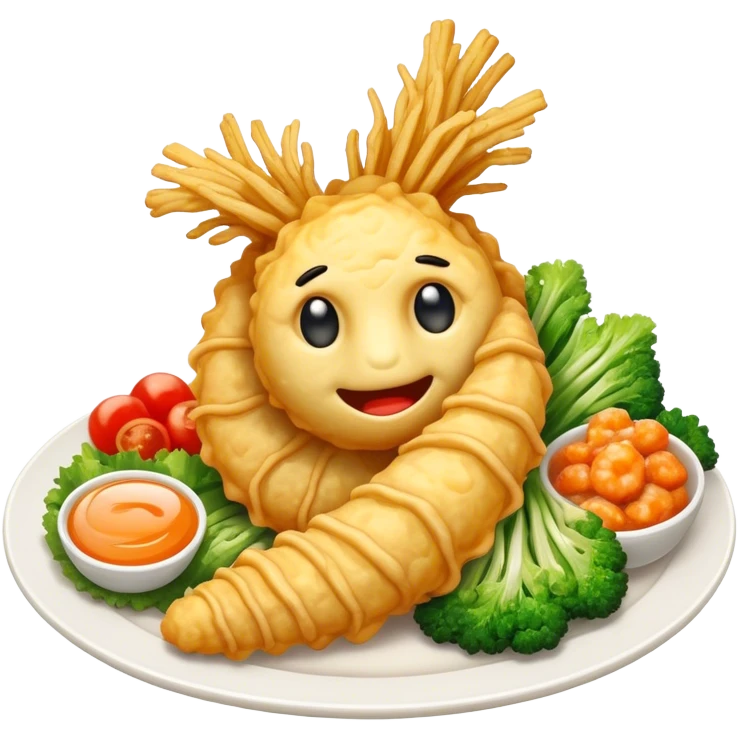 Tempura Cinematic Realistic Tempura Dish Emoji, depicted as extra crispy, lightly battered seafood and vegetables, rendered with vivid textures and dynamic, bright lighting. emoji