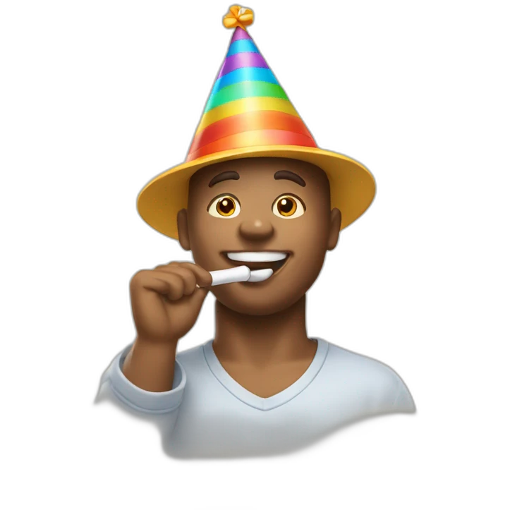 Create an emoji featuring a person joyfully wearing a birthday hat and enthusiastically blowing a birthday whistle, capturing the festive spirit of celebration emoji