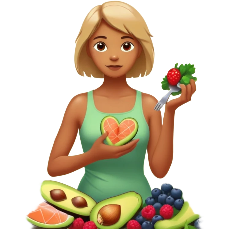 A glowing, energized person stands barefoot in morning sunlight, surrounded by vibrant greens and whole foods—berries, salmon, avocado, broccoli. One hand rests on their heart, the other holding a fork like a tool. Behind them, toxic foods fade into shadow. Their body radiates light from within emoji