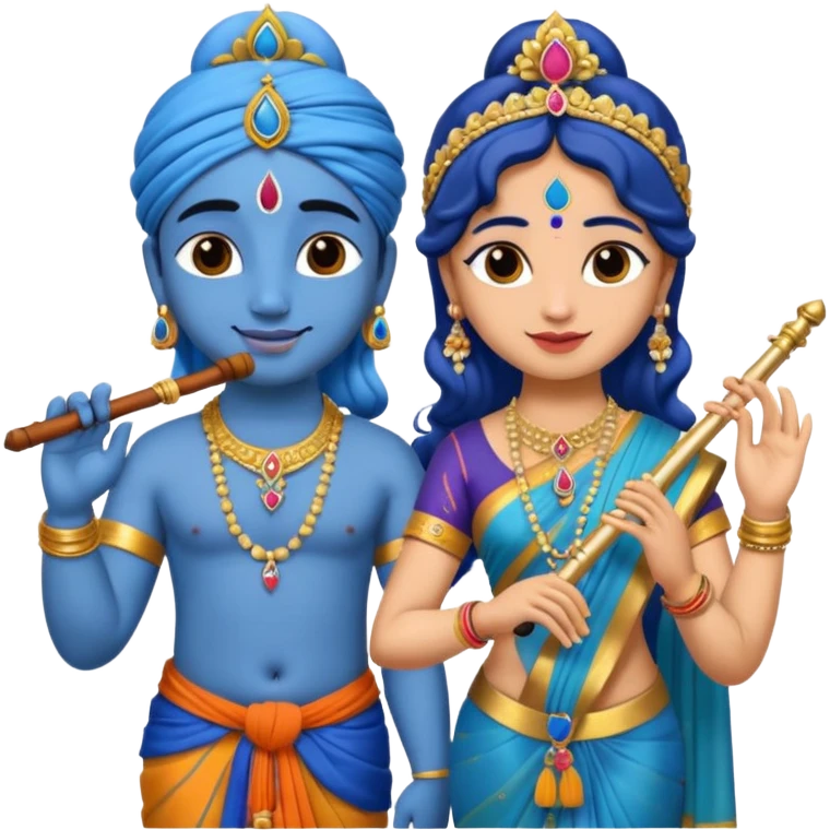 Radha and Krishna emoji, holding hands, Krishna with blue skin and flute, Radha in colorful saree emoji