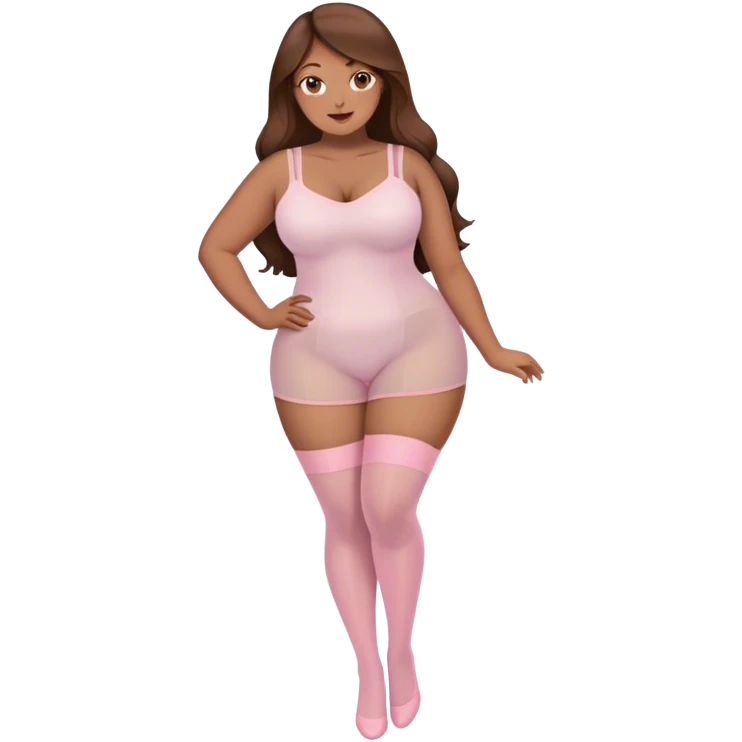 curvy brown long hair and brown eyes, intimate bending over sfw light pink nylon stocking pose emoji
