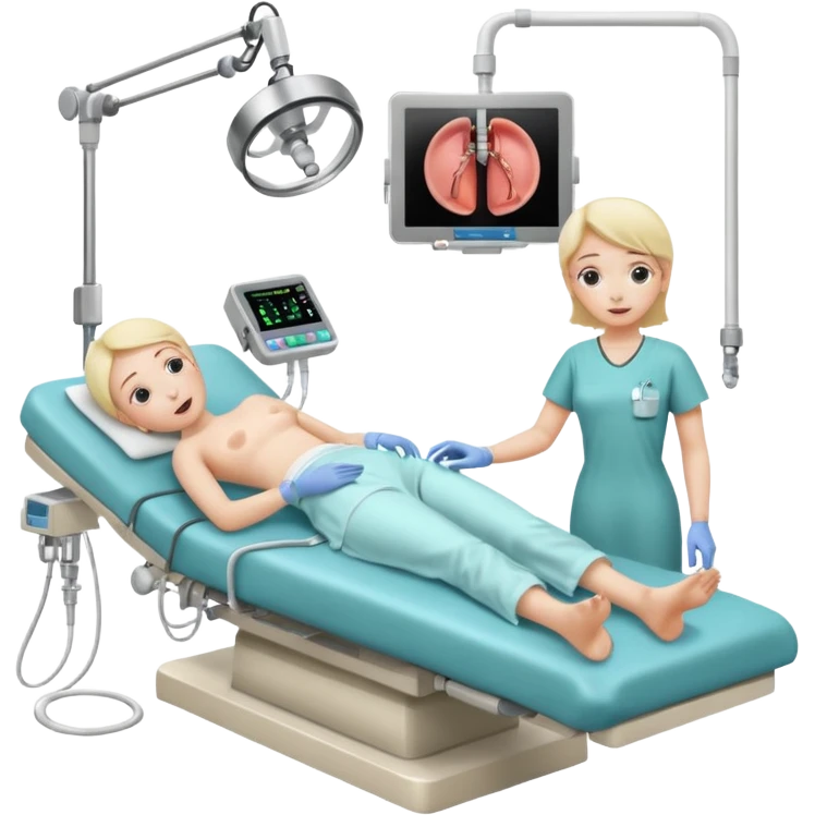 A colonoscopy procedure in progress in a clean, clinical operating room, showing a patient lying on an examination bed while the procedure is being performed, realistic medical environment. emoji