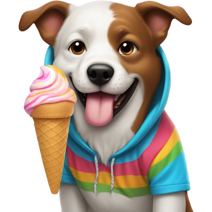 Dog wearing hoodie while eating ice cream emoji