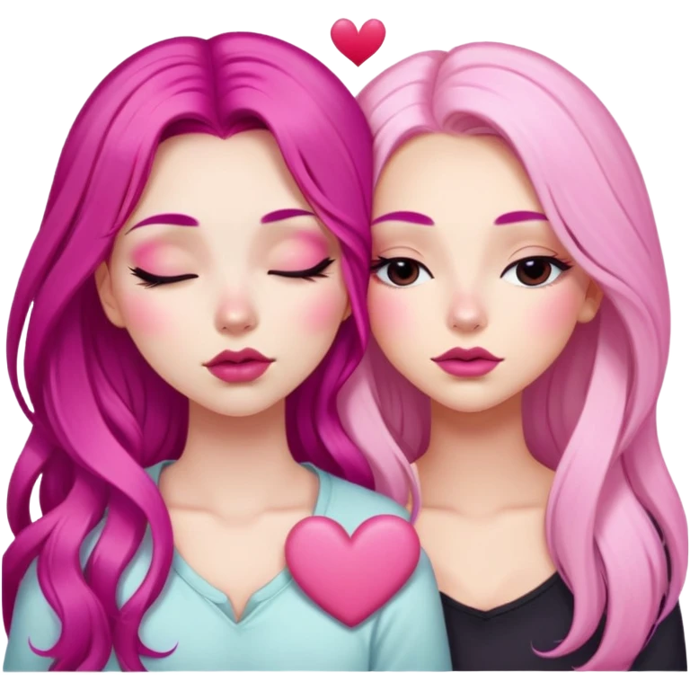 gorgeous pale girl with long magenta pink hair latina makeup next to a gorgeous girl with blonde hair girl with a light pink heart above them in between eyes closed making duck lips faces emoji