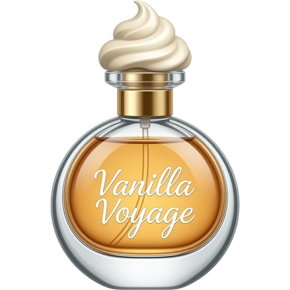 vanilla voyage cursive white font perfume bottle - amber liquid, bottle cap looks like whipped cream, bottle shape is round emoji
