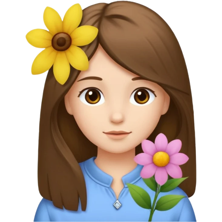 Ein braunhaariges Mädchen (glatte Haare ) mit einen Blume hinter dem ohr lange haare zur Seite kuckend Blume hinter dem rechten Ohr so das man es sieht zur Seite schauen soll das Mädchen  emoji