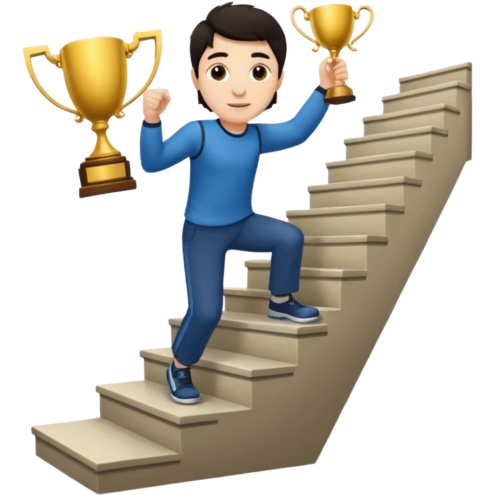 A man with fair skin and dark hair is climbing stairs to grab a trophy on the top step. emoji