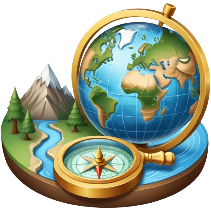 An icon featuring a globe, a compass, and a topographic map, symbolizing geography. The design includes mountain ranges, rivers, and a magnifying glass, representing the study of Earth's landscapes, features, and spatial relationships. Transparent background highlights geographic exploration. emoji