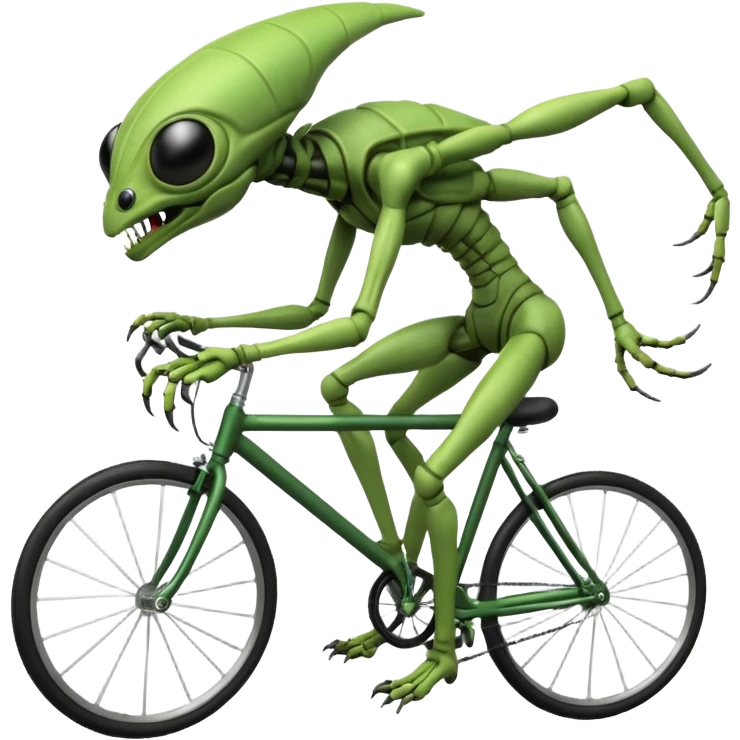 insectoid alien riding a bicycle, bug-like eyes, segmented limbs, strange but fun cycling pose, sci-fi creature vibe, 3D cartoon, mobile game icon style, clean background, no text, no watermark
 emoji