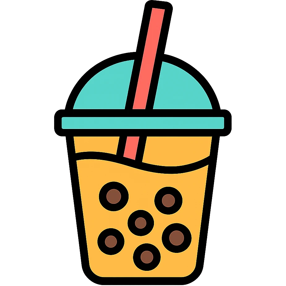 colorful outlined icon of a boba tea cup with straw and pearls emoji