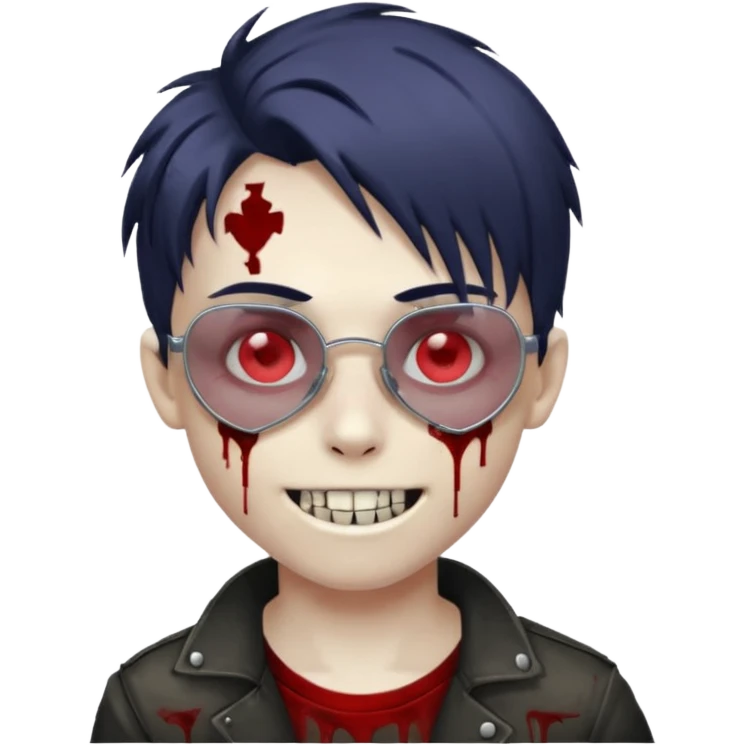 Zombie emo boy, chrome heart glasses and a scary smile, scars and blood under eyes emoji