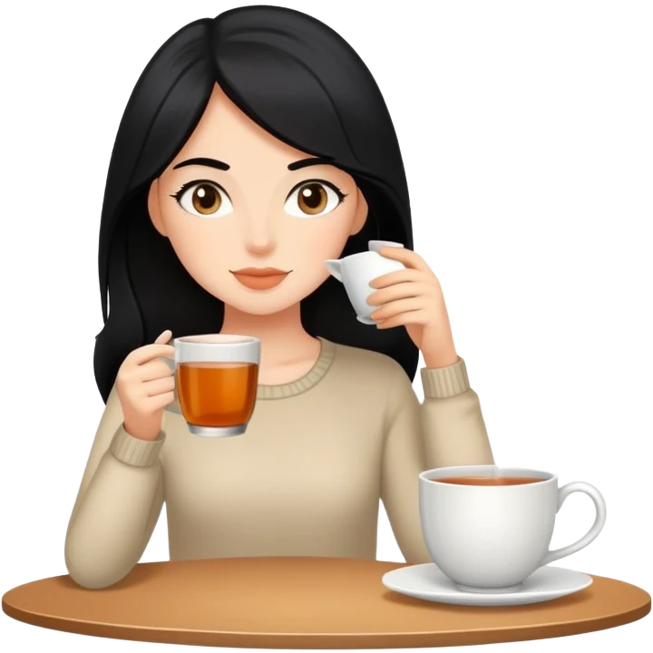 white girl with black hair doing self care, drinking tea, relaxing emoji