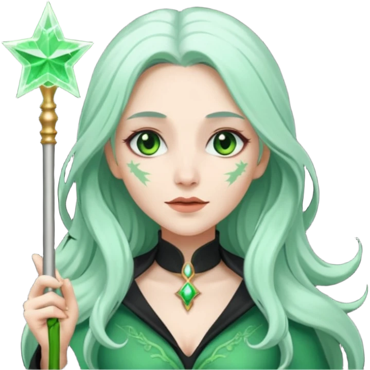 Woman with green skin color with long hair white color and carrying a magic wand emoji