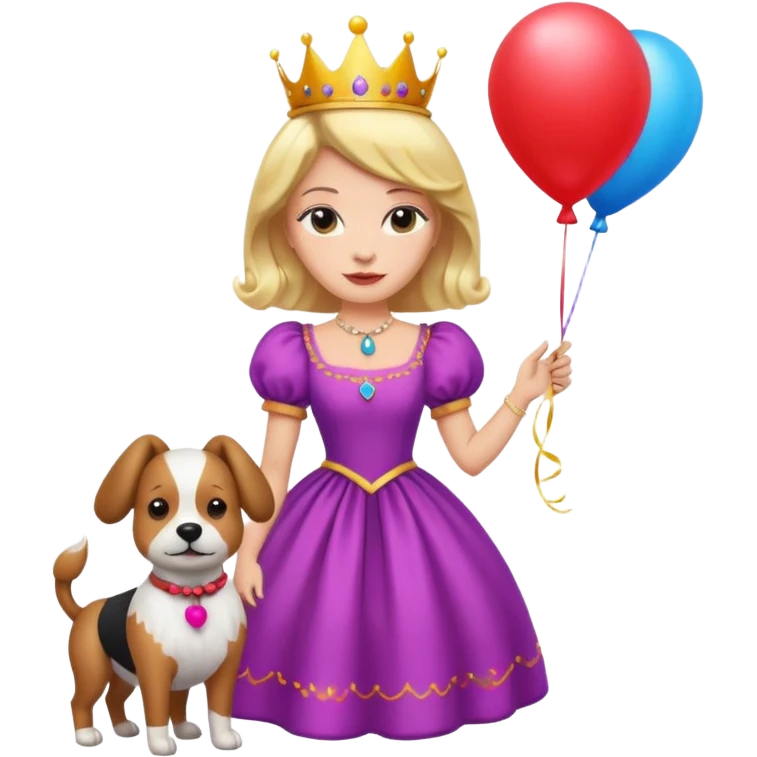 queen wearing dress, holding balloon in shape of number dog emoji
