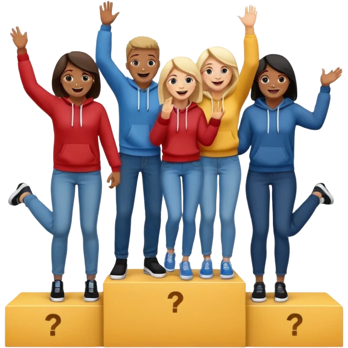 winners’ podium with multi-racial people, middle step higher, fun, casual clothes like jeans and hoodies, excited, fun emoji style emoji
