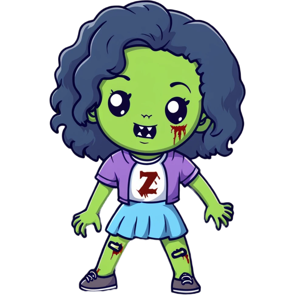girl zombie with black long curly hair, emo style emoji