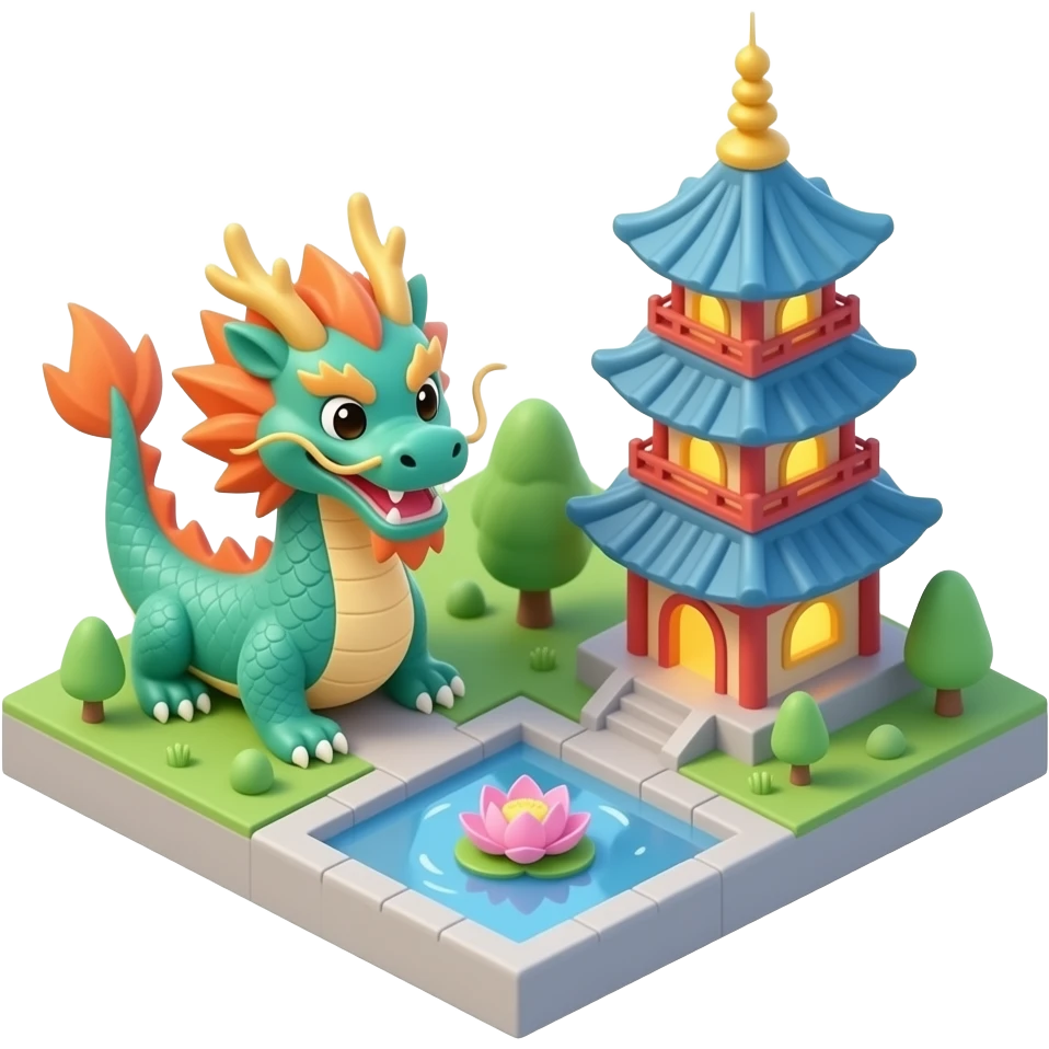 3D isometric miniature emoji of the Dragon and Tiger Pagodas, cute chibi style, glossy vibrant colors, dragon and tiger entrances, small lotus pond, soft lighting, clean minimal background, toy diorama look emoji