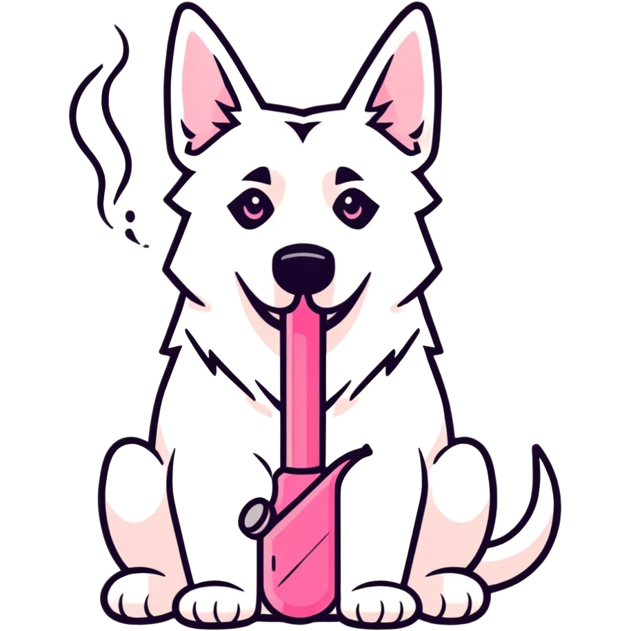 White belgian Shepard smokes a pink bong emoji
