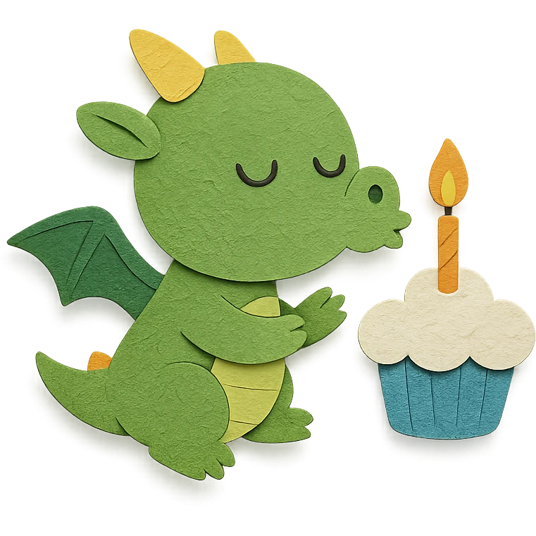 dragon with 1 line smiley eyes, blowing out candles on a cloud cupcake, in a 'making a wish' pose emoji