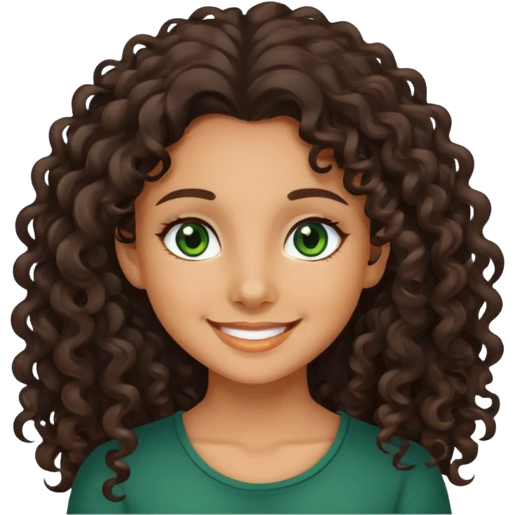 smiling girl with long dark curly hair and dark green eyes emoji