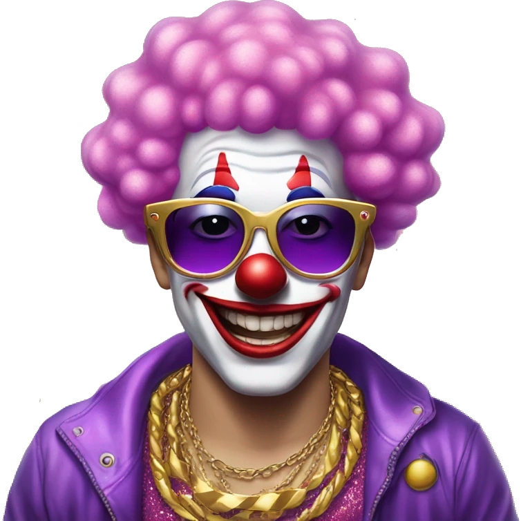 Clowning wearing pink sunglasses, glitter shirt, clown has pink and purple hair, gold chain,  emoji