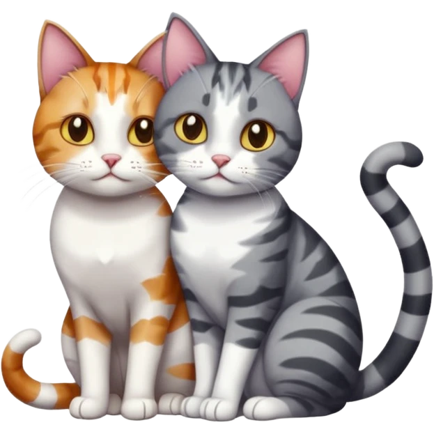 full body colourful light patched calico + white tabby cat cuddling a bigger cat that is dark grey and white tabby cat  and they are in love emoji