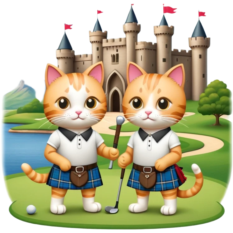 two cats in love playing golf in Scotland, wearing kilts, with a famous Scottish castle in the background emoji