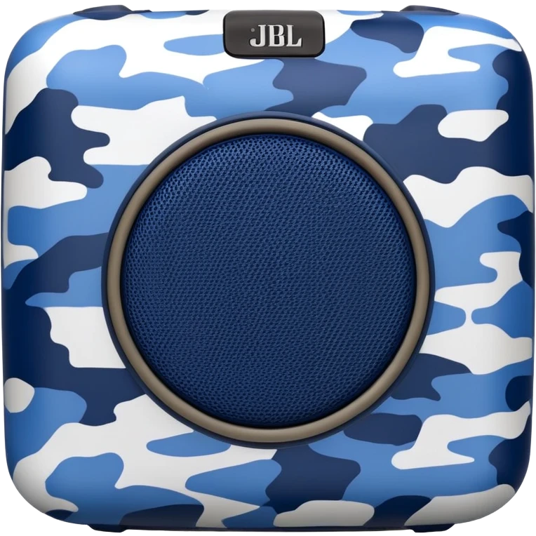 Abstract minimalist JBL Clip 4 speaker with blue and navy camouflage pattern, iOS emoji style emoji