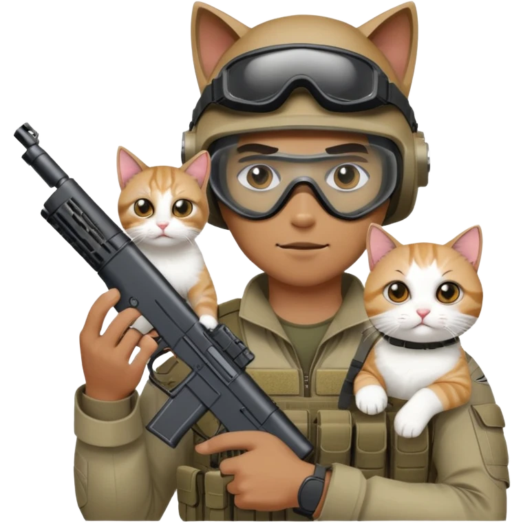 Man in tactical airsoft gear wearing protective goggles on face, holding a gun in one hand and a white and brown cat in the other hand emoji