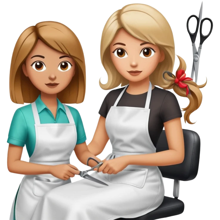 woman in apron sitting in salon chair, female hairstylist behind her with scissors emoji