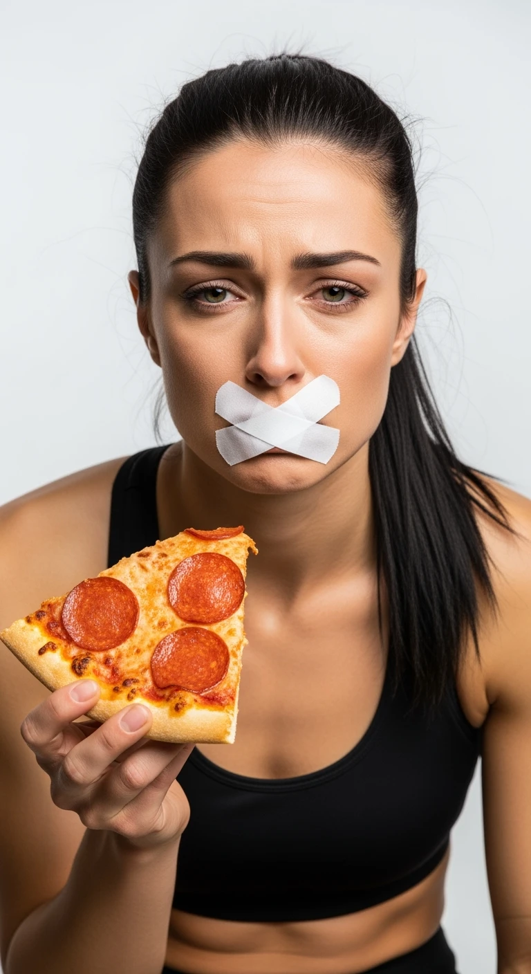 donna fitness con una fetta di pizza in mano ed espressione molto triste e stanca, scotch a croce sulla bocca, sfondo bianco emoji